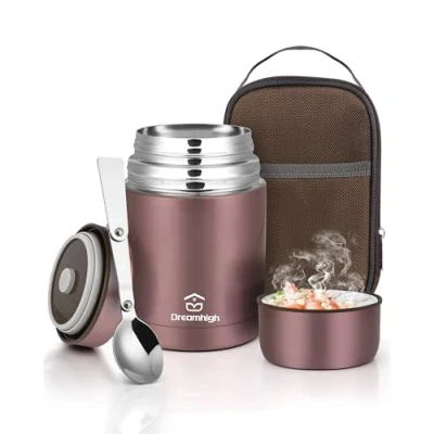 Bild av Dreamhigh® termobehållare för mat 800 ml, rostfritt stål varmhållningsbehållare matbehållare mat, termoskanna läckagesäker, inkl. sked, 12 timmar varmt, kallt (rosa)