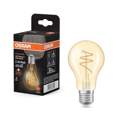 Bild av OSRAM Vintage 1906 Classic är en varmvit LED lampa med spiralglödtråd i klassisk glödlampsform. Den erbjuder 4,9 W för 470 lm, E27 sockel, guldfärgat glas, 60 mm diameter, 2200 K.