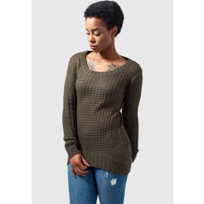 Bild av Urban Classics Ladies LONG Wideneck Sweater Stickad tröja, Storlek: XS, Olive