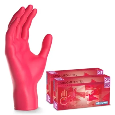 Bild av 200 ARNOMED engångshandskar röd, nitrilhandskar XS, med 2x 100 st/box, purderfria handskar, latexfria gummihandskar, finns i S, M, L &amp; XL.