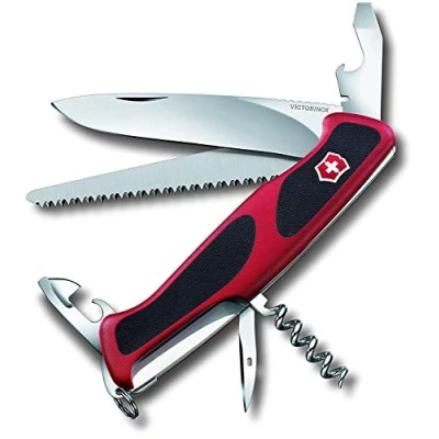 Bild av Victorinox schweizisk fickkniv RangerGrip 55, Swiss Army kniv, multiverktyg, 12 funktioner, enhandslåsblad, röd/svart