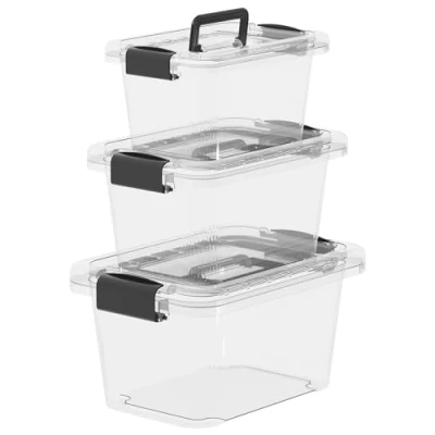 Bild av Cetomo Förvaringslådor, förvaringslåda med lock och handtag för organisering av sovsal, kontor, stapelbar, häckande tygbehållare, plast, klar, 6 L, 10 18 L 3 pack