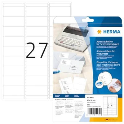 Bild av HERMA Address labels for typewriters Vit 30 x 67 mm 540 etikett (er) (20 ark 27) adresslappar