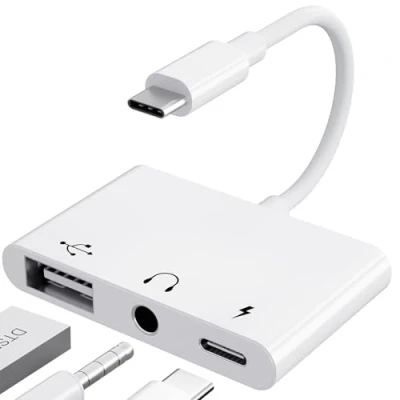 Bild av 【3 i 1】Adapter USB C till 3 5 hörlurar, med laddare, OTG adapter, typ Aux ljudhörlurar, klinkkontakt, splitter för Samsung Galaxy S22/S21/S20 Pad Pro Air Pixel 6/5/4 (vit)