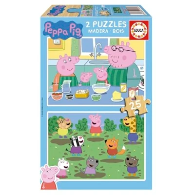 Bild av Educa Peppa Pig Uppsättning av 2 pussel för barn i trä med 25 stycken vardera. Mått: 26 x 18 cm rekommenderas från 4 år (19995)