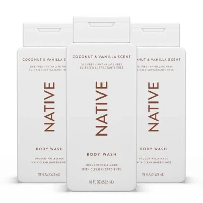 Bild av Native Shower Gel &amp; Body Wash for Women Men Free of Sulphates Dyes Coconut Vanilla Scent Soap Gently Cleanses med växtbaserade ingredienser (3 Pack, 532 ml Each)
