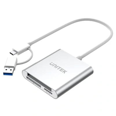 Bild av UNITEK Allt i ett kortläsare USB 3.0 + C adapter, 5 Gbps, 3 kortplatser för SD/mini SD/micro SD(TF)/CompactFlash (CF)/MS Windows PC, Mac, bärbar dator och TV, Silver, Aluminium