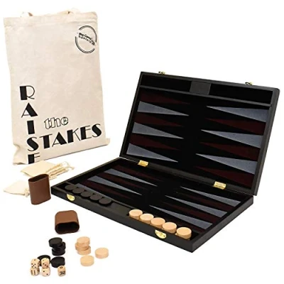 Bild av Big Game Hunters Backgammon set med bärbar hopfällbar träbräda och bomullsväska resväska