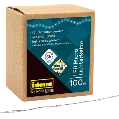 Bild av Idena 30185 LED ljuskedja med 100 lysdioder i varmvitt, 6 timmars timerfunktion, batteridriven, ca 10,2 m lång, för fester, jul, dekoration, bröllop, som stämningsljus