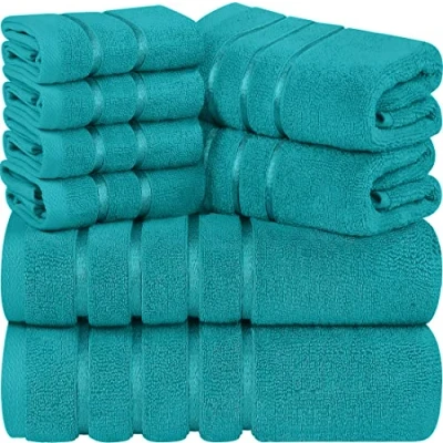 Bild av Utopia Towels 8 delat lyxigt handduksset, 2 badhanddukar, handdukar och 4 tvättlappar, 97% bomull, högabsorberande viskosstrimmiga handdukar, idealiska för daglig användning (TURKOS)