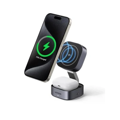 Bild av UGREEN MagFlow Qi2 certifierad 15W 2 i 1 vikbar laddningsstation laddningsstativ kompatibel med MagSafe laddare för iPhone 16/15/14/13/12, AirPods, stöder standby funktion, 1M kabel
