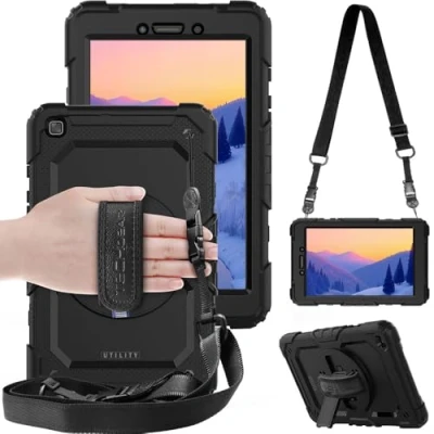 Bild av TECHGEAR UTILITY fodral passar Samsung Galaxy Tab A 8.0 2019 8 tum (SM T290/SM T295) tuff robust kraftig rustning stöttåligt med 360 roterande stativ, handrem och axelrem svart