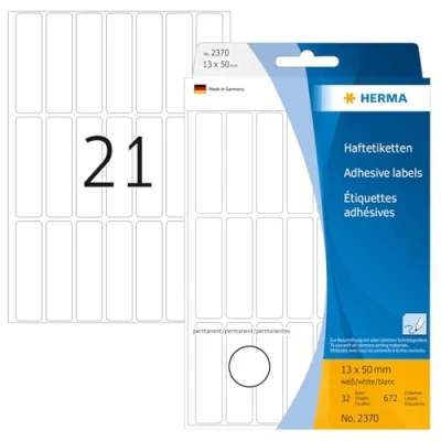 Bild av HERMA 2370 multifunktionsetiketter mini (13 x 50 mm, 32 ark, papper, matt) självhäftande, permanenta hushållsetiketter för handskriven märkning, 672 klistermärken, vit