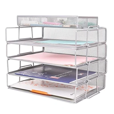 Bild av Exerz Trådnät skrivbordsorganisatör 5 delar paket 4 nivåer stapelbar papperssorterare med tillbehör organiserare 3 fack/multifunktionell/filhållare silver