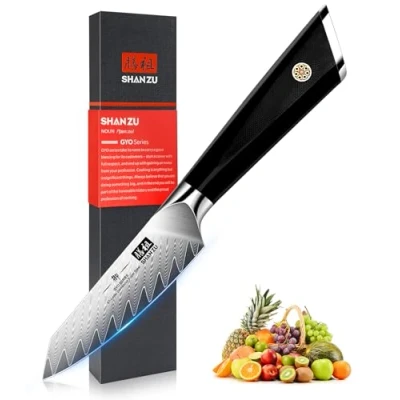 Bild av SHAN ZU Damascus fruktkniv 9,3 cm (3,7 tum), japansk AUS10 stål 67 lager professionella köksknivar, skalkniv och grönsakskniv med G10 handtag/presentförpackning GYO serien