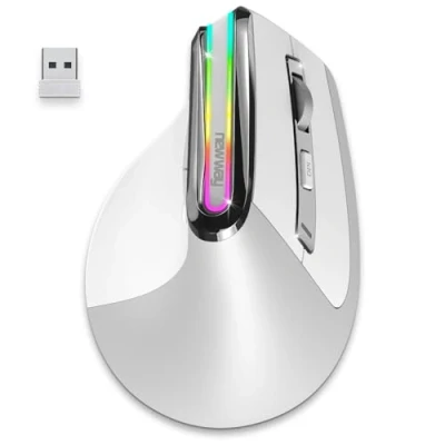 Bild av NEWWAY 2024 Ny Trådlös vertikal A9 mus 2,4 GHz wifi Bluetooth 3.0/5.0 USB C uppladdningsbar RGB 2400 DPI Ergonomisk Tyst Inbyggd nanomottagare 10 M vit