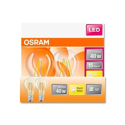 Bild av OSRAM LED stjärna Classic A40 lampa för E27 uttag, päronform, fil, 470 lumen, varm vit (2700K), ersättning konventionella 40W glödlampor, inte dimbar, 2 pack