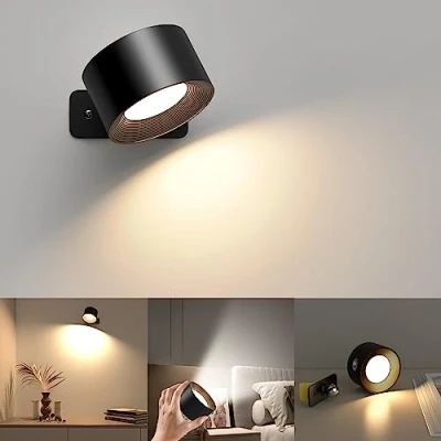 Bild av Mexllex LED vägglampa inomhus, 3 ljusstyrkenivåer färglägen, 360 roterbar touchkontroll vägglampor, dimbar för vardagsrum sovrum hall trådlösa vägglampor trappor (svart)