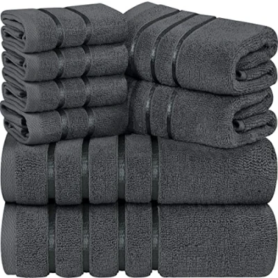 Bild av Utopia Towels 8 delad lyxig handduksset, 2 badhanddukar, handdukar och 4 tvättdukar, 600 GSM 100 % ringspunnen bomull högabsorberande viskos randiga idealiska för daglig användning (grå)