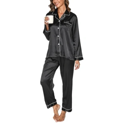 Bild av Reliwel Dampyjamas i Satin Pyjamas Dam Tvådelad Långärmad Pyjamasset Med Knappar Silke Mjuk V ringning Öppen Framsida Och Byxor Sidoväskor, Svart, M