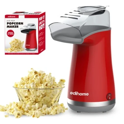 Bild av Edihome, Popcornmaskin, popkornmaskiner, elektrisk popcorn maker, 1 200 W, inklusive doseringssked, popkorn klar på 2 minuter, hemmabio, serier (röd)