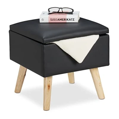 Bild av Relaxdays Sittpall med förvaringsutrymme, av konstläder, H x B D: 40 cm, lock, vadderad sittkub, svart, 1 styck