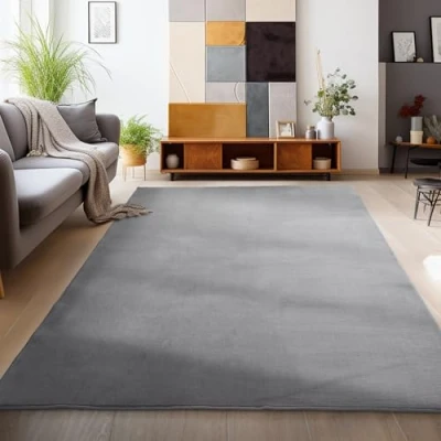 Bild av HomebyHome Matta vardagsrum kort lugg 160 x 230 cm grå rumsmattor enfärgad design extra mjukt rum modern köksmatta, sovrumsmatta, vardagsrumsmatta