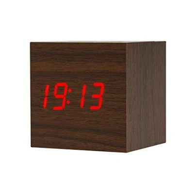 Bild av ThreeH Digital väckarklocka, trä LED lampa mini kub skrivbord väckarklocka visar tid datum temperatur för barn, sovrum, hem, sovsal, resor AC10 brun_röd