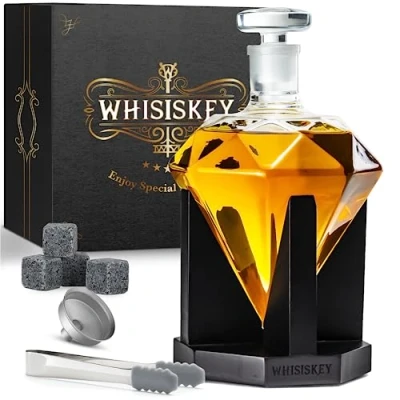 Bild av Whisiskey Whiskykaraff diamant karaff whiskyset 1000 ml presenter till män julklappar inkl. 4 whiskystenar, pip och whiskyglas