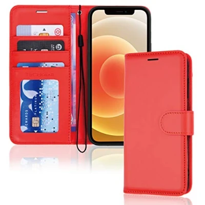 Bild av TECHGEAR iPhone 12/iPhone 12 Pro plånboksfodral i läder, vikbart skyddande fodral med plånbokskorthållare, stativ och handledsrem rött PU läder magnetisk stängning för 12/12