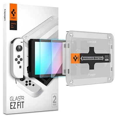 Bild av Spigen Glas.tR EZ Fit Skärmskydd kompatibel med Nintendo Switch OLED 2021, 2 Stycken, Sjabloon voor Installatiem, Kristallklart, Responsiv Touch, Case friendly, 9H härdat glas