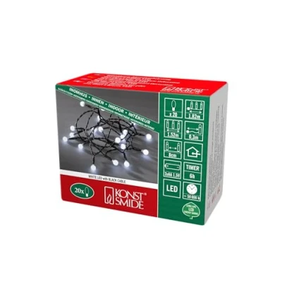 Bild av Konstsmide LED globeljuskedja, runda dioder, 6 h timer, 20 kalla vita batteridriven, inomhus, svart kabel, 3 x AA 1,5 V (exkl.) 1491 207