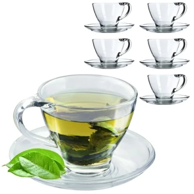 Bild av KADAX glaskopp med underlägg, 200 ml/250 ml, transparent set, tekopp, kaffekopp, koppar tefat, underlägg (Hannah / 6 stycken)