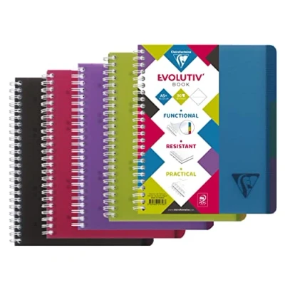 Bild av Clairefontaine Ref 329756C Trådbunden ämnesanteckningsbok (90 ark) A5+ storlek, linjerat linjerat, 90 gsm borstat velumpapper, ribbat polypro fodral blandade färger (paket med 5)