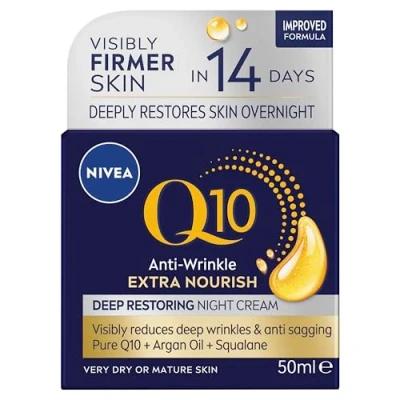 Bild av NIVEA Q10 Power 60 + hud anti rynkor påfyllande nattkräm (50 ml), kraftfull åldrande kräm, nattfuktighetskräm för kvinnor med koenzym Q10, nattansiktskräm