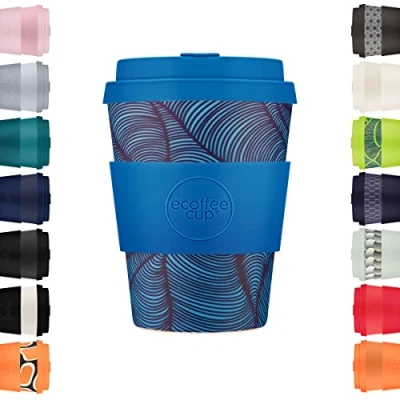 Bild av Ecoffee Cup 350 ml återanvändbar miljövänlig 100 % växtbaserad kaffekopp med silikonlock och ärm melaminfri biologiskt nedbrytbar diskmaskin/mikrovågsugn säker resemugg, Dotonbori