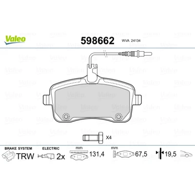 Bild av VALEO 598662 Jeu de plaquettes frein Essieu avant contact signal d&#039;usure inclus avec kit vis fixation, tôle anti bruit