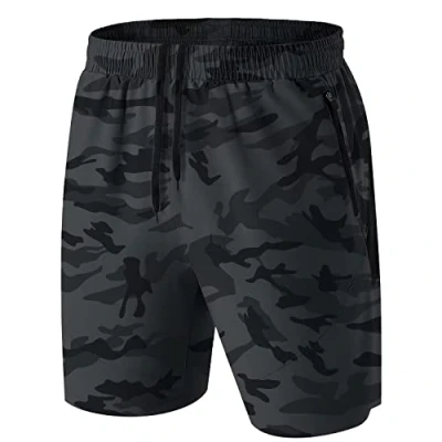 Bild av Sportshorts för män korta byxor snabbtorkande sportbyxor lätta med dragkedja, Camo grå, L