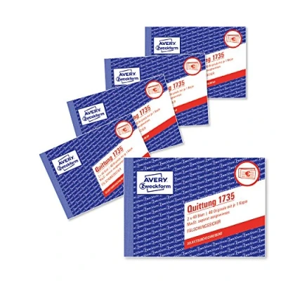 Bild av AVERY Zweckform 1735 5 kvittoblock (A6 tvärgående, 2 x 40 ark, med genomslag, förfalskningssäker, separat redovisad moms, för Tyskland och Österrike) pack vit/gul