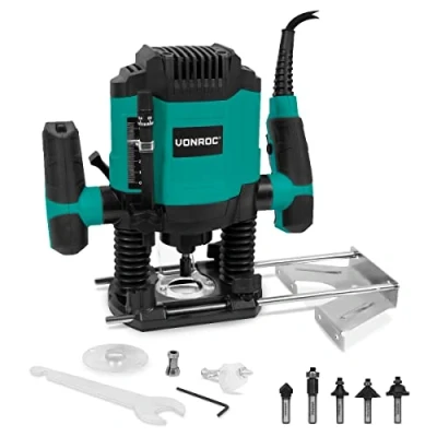 Bild av VONROC Handöverfräs 1200W 6 8mm variabel hastighet 16.000 30.000 rpm Inkl. bits, mallguide, parallellguide och centrumstift