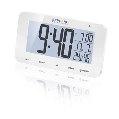 Bild av Explore Scientific RDC1004 LED bakgrundsbelyst display radiokontrollerad bordsklocka vit, larm och snooze, med batterier