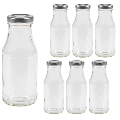 Bild av Vitrea 6 tomma glasflaskor, 263 ml, skruvlock, silver mjölkflaskor, juiceflaskor, små flaskor att fylla med lock för mjölk, juice, smoothies, olja stycken, TO43