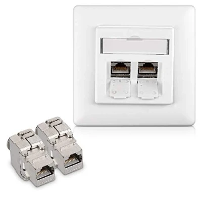 Bild av kwmobile Keystone modulsats inkluderar (2) CAT6A skärmat uttag RJ45 Ethernet modul 10G + (1) 2 portars väggplatta och metallhölje
