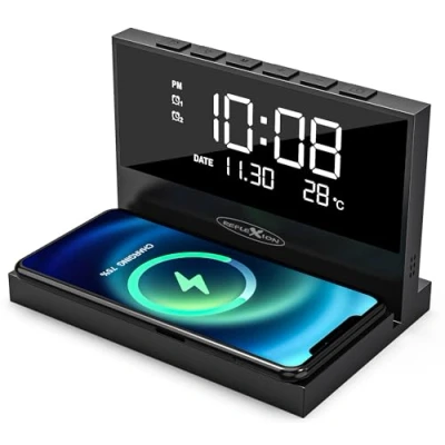 Bild av Reflexion ACW2188 trådlös laddare, väckarklocka med stor display för tid, datum och temperatur, 2 larmtider, nattljus, USB laddningsfunktion