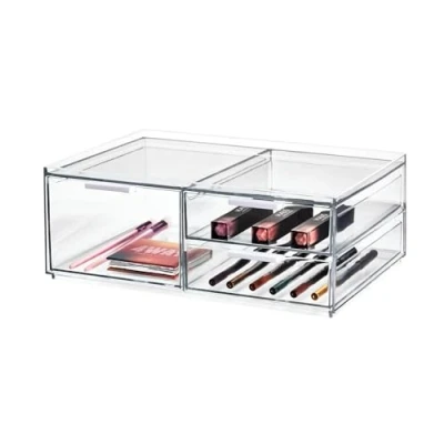 Bild av iDesign 3 lådors sminkbox från signaturserien av Sarah Tanno, bred förvaring PET, sminkförvaring, klar/matt vit