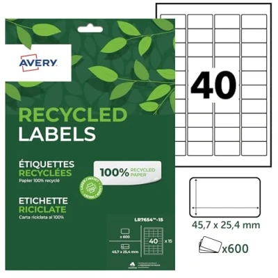 Bild av AVERY Förpackning med 600 100% återvunna etiketter. Anpassningsbara och utskrivbara. Format 45,7 x 25,4 mm. Laser bläckstråleutskrift. (LR7654 15)