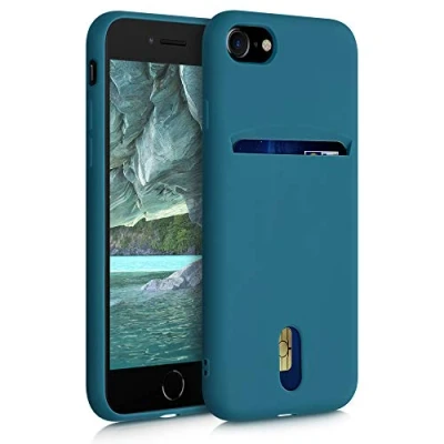 Bild av kwmobile fodral kompatibelt med Apple iPhone SE (2022)/iPhone (2020)/iPhone 8/iPhone 7 mjukt TPU telefonfodral korthållare och silikonfinish blågrön matt