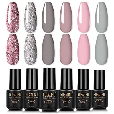 Bild av ROSALIND gel nagellack UV set shellac rosa färg gnistrande nagelkonst borttagning nagelnagellack 6 x 7 ml