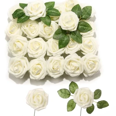Bild av PartyWoo konstgjorda rosor, 20 stycken blommor, skumrosor, blommor dekoration, konstgjord blomma för bröllopsdekoration, festdekoration, vit