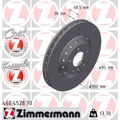 Bild av ZIMMERMANN 460.4528.70 disque de frein 390 38 6/5 5 130 ventilé, perforé, en deux parties revêtu allié/carbonisé PORSCHE: Cayenne